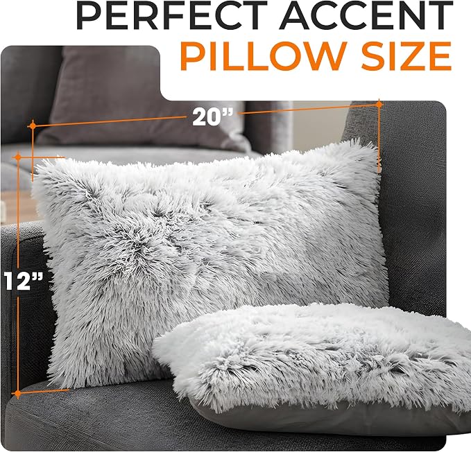 Cheer Collection Throw Pillows for Couch and Bed, Soft Shaggy Throw Pillows with Inserts Included, Cozy Long Hair Faux Fur Pillows - Set of 2-12" x 20" - Gray