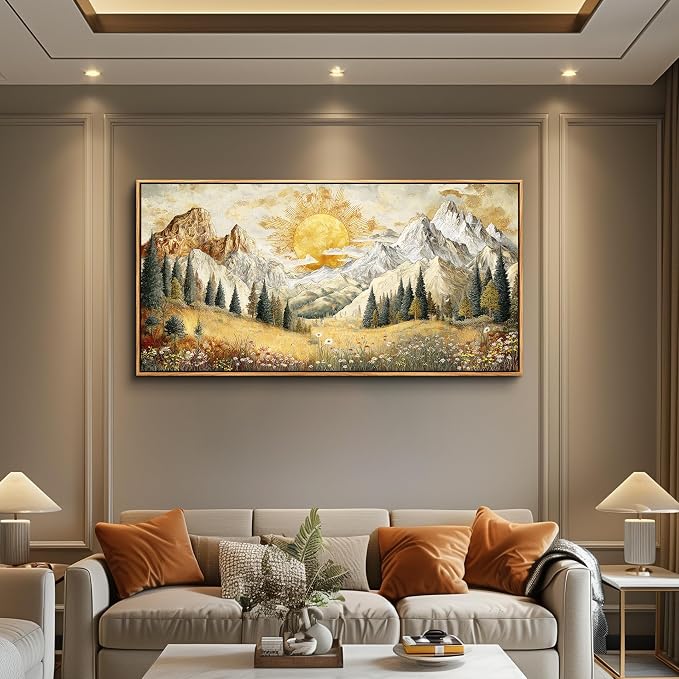XIGUANGART Framed Canvas Wall Art Vintage Decor, Mountain Wall Art, Meadow with Flowers Forest Art, Modern Farmhouse Decor, Living Room Pictures paintings,Landscape Bedroom Office Decorations, 20"x40"