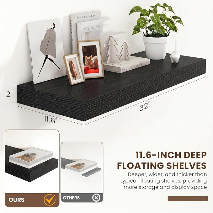 FLYJOE 32 Inch Floating Shelves, 12 Inch Deep Floating Shelves Set of 2, 32''W x 12''D Black Wood Shelves for Wall, Bathroom Available, Engineered Wood, Mounting Hardware Included