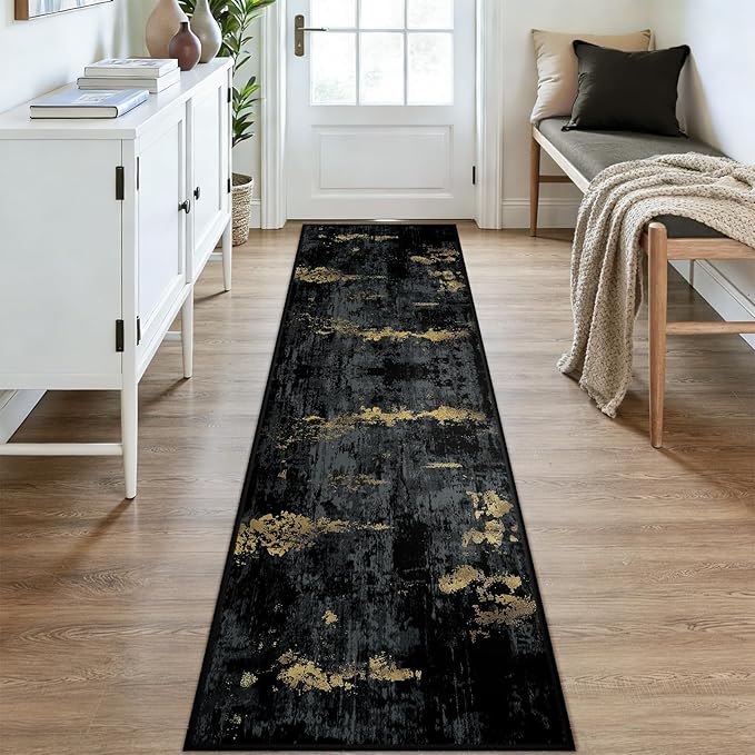 RELEANY Washable Area Rugs 2x9 Non-Slip Modern Abstract Soft for Living Room Entryway Bedroom Nursery, Print Pattern, Dark Black Gold