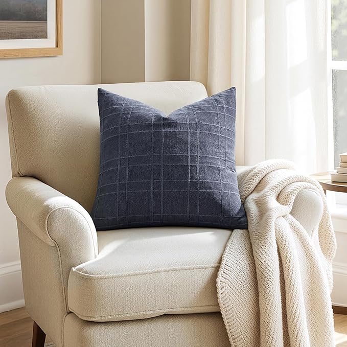 MIULEE Decorative Linen Check Throw Pillow Covers Neutral Farmhouse Vintage Pillow Covers 18x18 Set of 2 Boho Modern Home Decor for Sofa Couch Bedroom Cushion Navy Blue