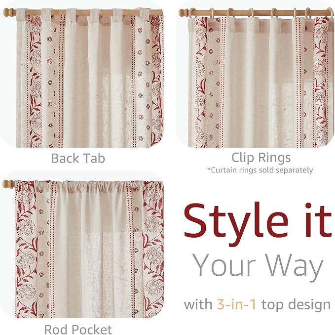 jinchan Winslow Linen Curtains for Bedroom 108 Inches Length Embroidered Bordered Floral Curtains for Living Room Farmhouse Decor Light Filtering Window Treatments Red on Beige Drapes 2 Panels