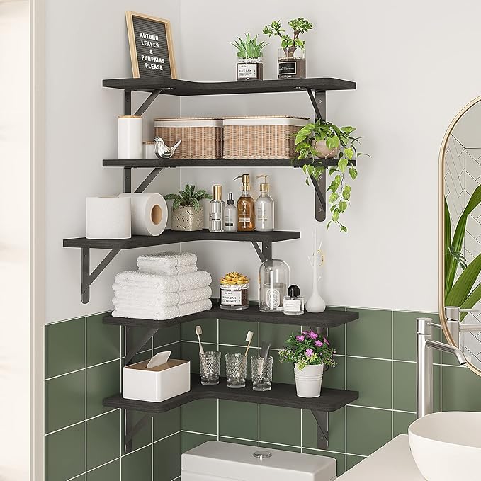Fixwal Corner Shelves Floating Shelves for Wall Bathroom Kitchen Bedroom Home Decor Laundry Room Living Room Set of 5 (Black)