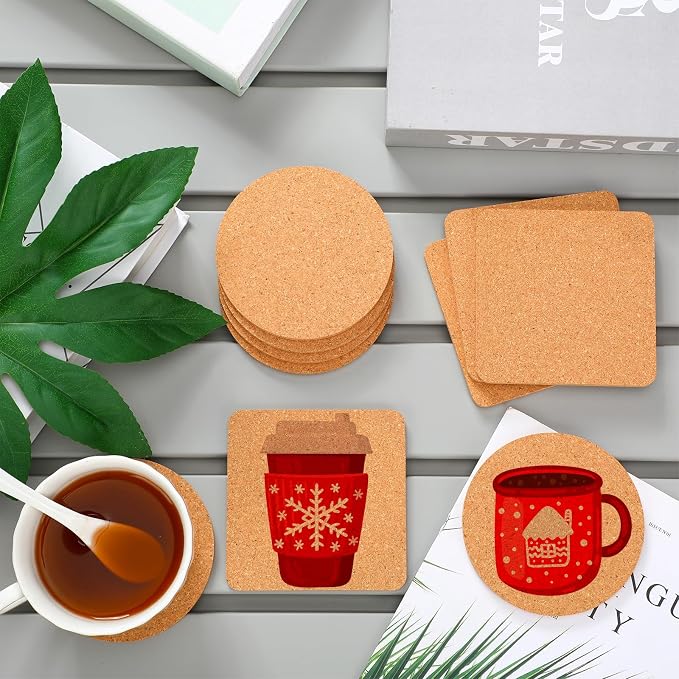 Yaomiao 100 Pcs Cork Coaster Bulk 4 Inch Wooden Coaster Set for Drink Tea Coffee Blank Absorbent Heat Resistant Reusable Home Table Round Square Friend Warm Gift DIY Craft Cafe Kitchen