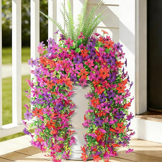 Artificial Fake Flowers Plants for Outdoor Decoration,3 Pcs Faux Hanging Flowers with Boston Ferns Spring Summer Decor,UV Resistant Realistic Fake Silk Flowers for Planter Balcony Yard Porch Garden
