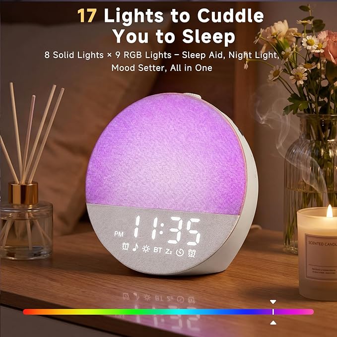 Geuuap Sunrise Alarm Clock White Noise Machine | Natural Wake-Up Light for Bedroom with 30 Soothing Sleep Aids, Bluetooth Speaker, Dimmable Clock, Screen-Free Design for Baby Adults Kids-White