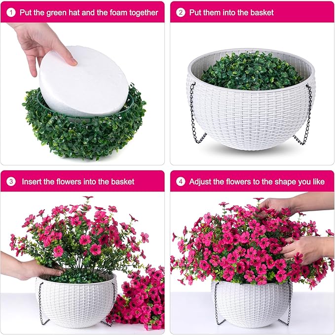 HyeFlora Artificial Faux Hanging Flowers Plants Basket for Outdoor Outside Porch Spring Decoration, Fake Silk Hotpink Daisy UV Resistant Look Real in Planter for Home Patio Balcony Garden