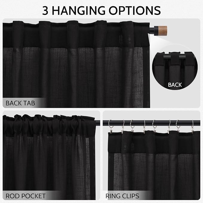 Vintage Black Linen Curtains 102 Inches Long for Living Room Light Filtering Semi Sheer Curtain Back Tab Floor to Ceiling High Window Gothic Vintage Decor Drapes for Bedroom Office 52x102,2 Panels