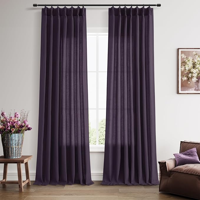 Plum Purple Pinch Pleated Linen Curtains 96 Inch Length 2 Panels for Living Room Bedroom Vintage Farmhouse Window Privacy Light Filtering Semi Sheer Back Tab Drapes with Hooks for Dining Room 40x96