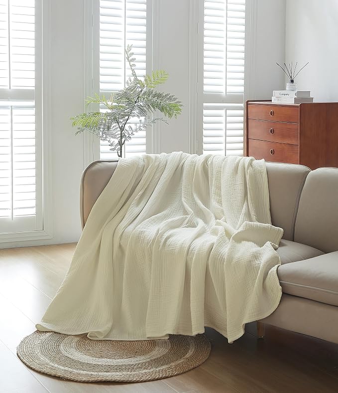 100% Cotton Muslin Queen Blanket (90" x 90") – A Luxuriously Soft, 4-Layer Lightweight and Breathable Gauze Blanket, Perfect for Year-Round use on beds, couches (Ivory, Queen)