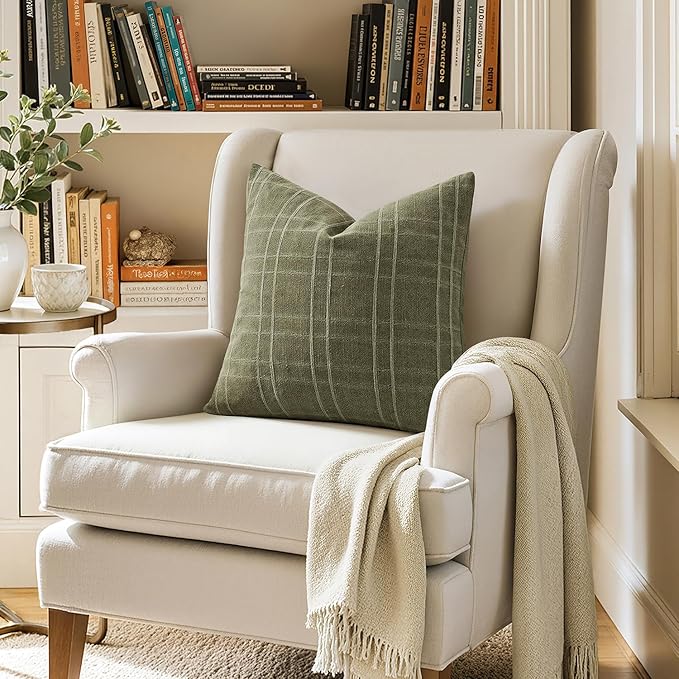 MIULEE Decorative Linen Check Throw Pillow Covers Neutral Farmhouse Vintage Spring Pillow Covers 20x20 Set of 2 Boho Modern Home Decor for Sofa Couch Bedroom Cushion Sage Green