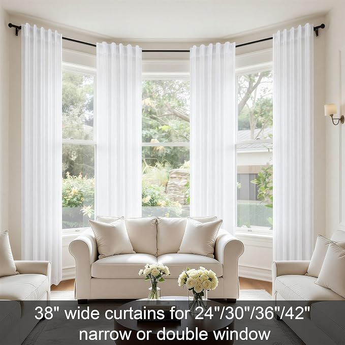 White Extra Long Curtains 9 FT for Living Room 2 Panel Sets Rod Pocket Back Tab Semi Sheer Light Weight Lace Cotton Textured White Linen Curtain for Bedroom Sunroom Picture Window 38 x 108 Inch Length