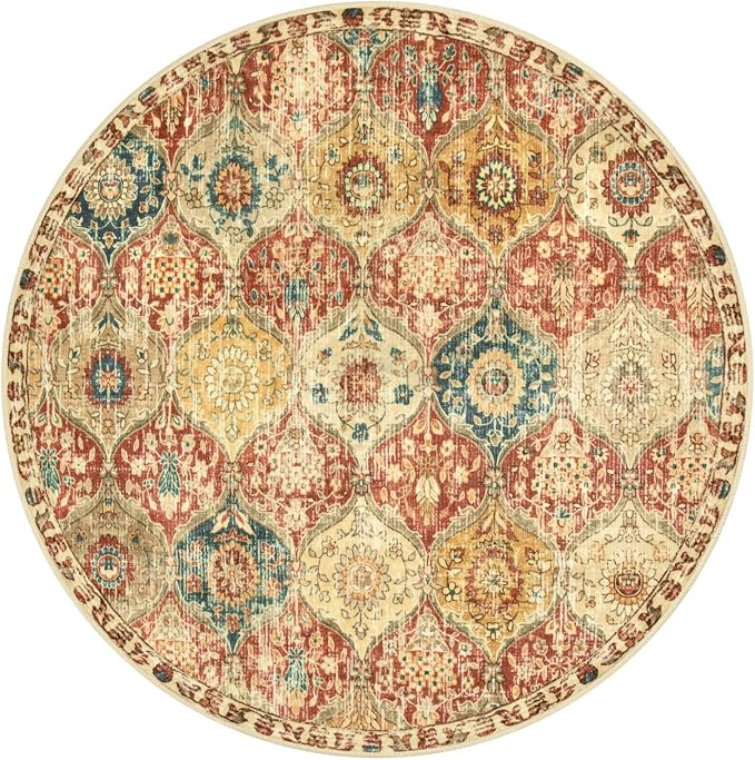 Lahome Moroccan Trellis Round Area Rugs, Washable Small Round Rug 3ft Non-Slip, Soft Vintage Ultra-Thin Circle Carpet for Bedroom Entryway Kitchen Laundry Bathroom Elise, Red/Orange