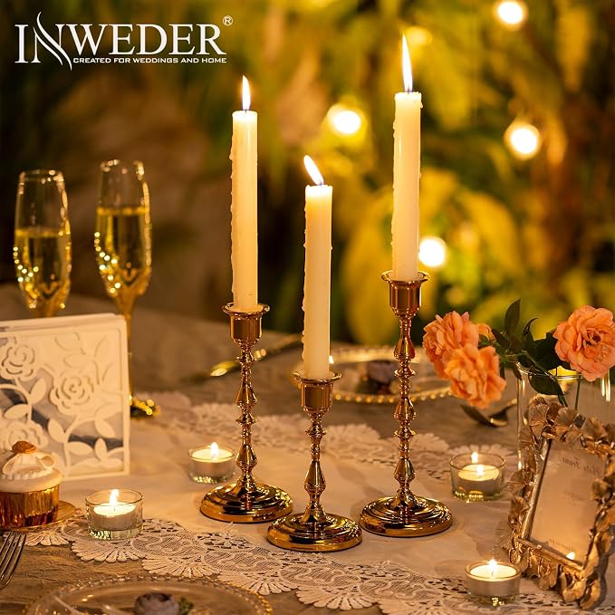 Gold Candlestick Holders Vintage: Brass Taper Candle Holders | for 0.87" Taper, Bottom with Felt Pad, Antique Decor for Dinning Table, Mantel, Wedding Centerpieces, Christmas, Party, 3 Pcs
