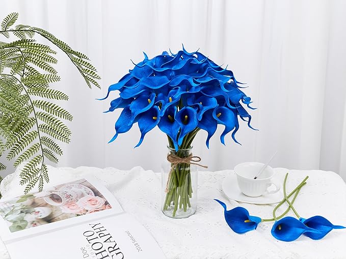 24 Pcs Blue Artificial Calla Lily Flowers Fake Blue Silk Flowers Real Touch for Wedding Bouquet Office Home Kitchen Decor