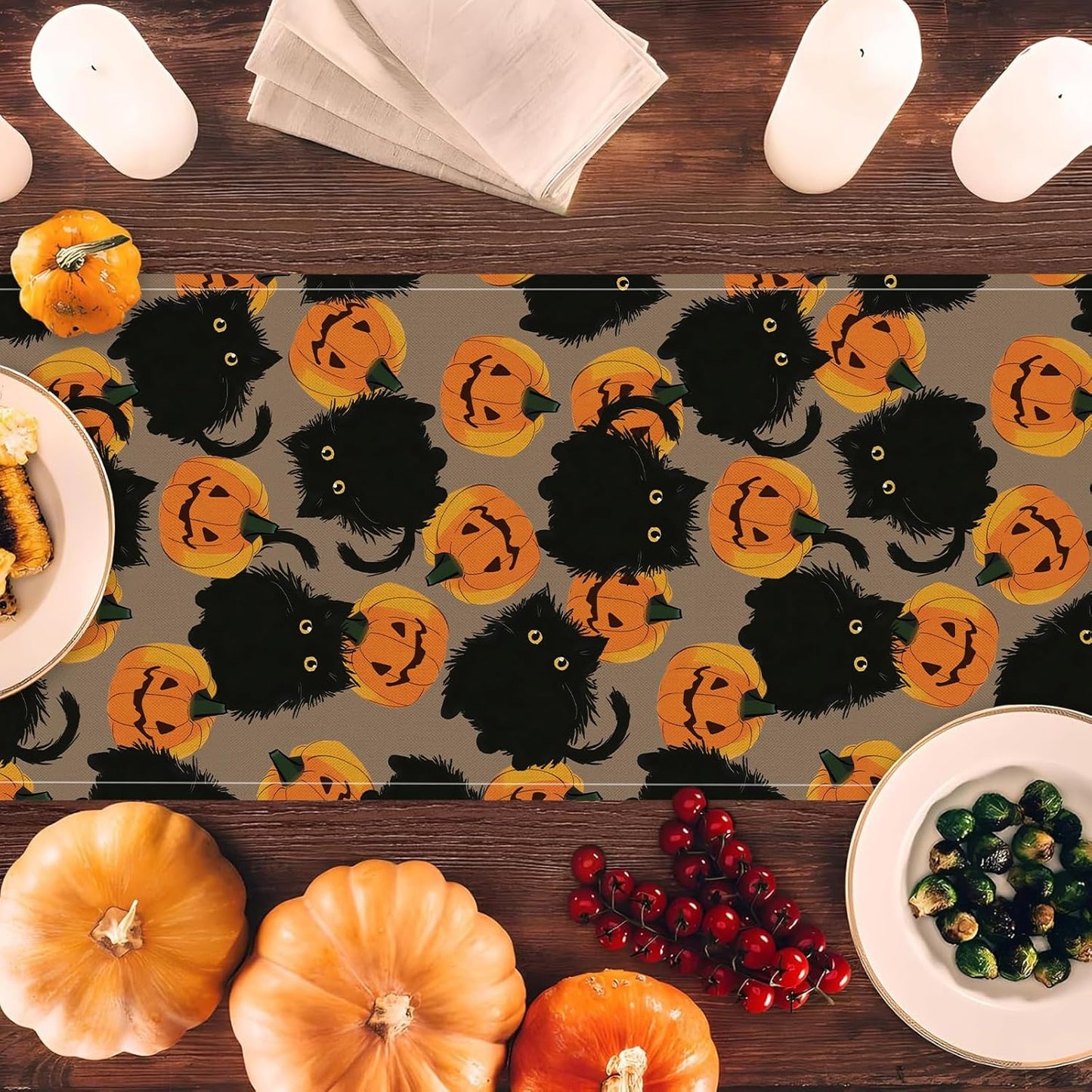Halloween Table Runner Black Cat Pumpkins Seasonal Kitchen Dining Table Home Outdoor Party Decorations 13x90 Inch