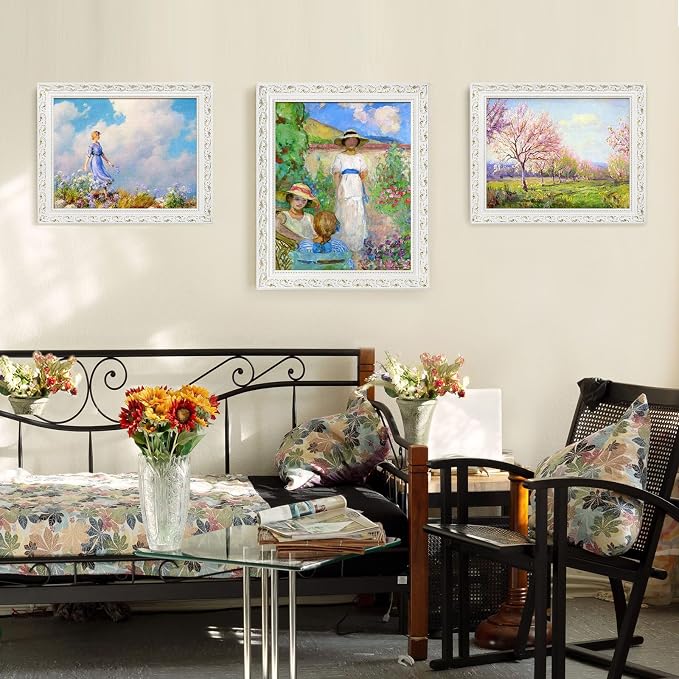 DIY Solid Wood Frame for 24x36 Canvas Paintings, 3" Wide Antique White Ornate Canvas for Landscape Portrait Prints Posters (Empty Frame Only, No Plexiglass & Backing Board)