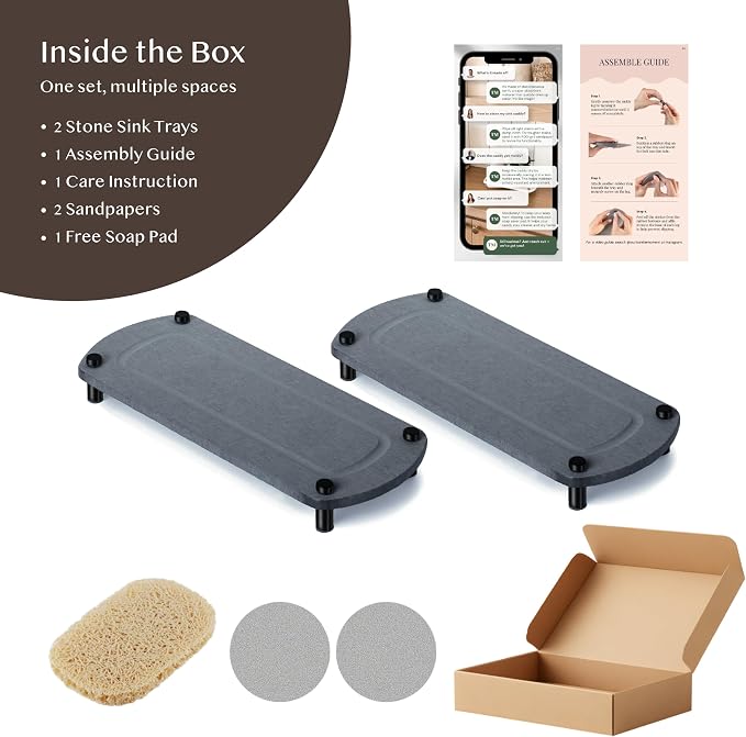 2PCS Water Absorbing Stone Soap Tray for Kitchen Bathroom Sink, Quick Dry Diatomaceous Earth Drying Rack and Shower Caddy, Soap Dispenser and Sponge Holder Organizer for Countertop, TWINKLE MOMENT; Dark Gray
