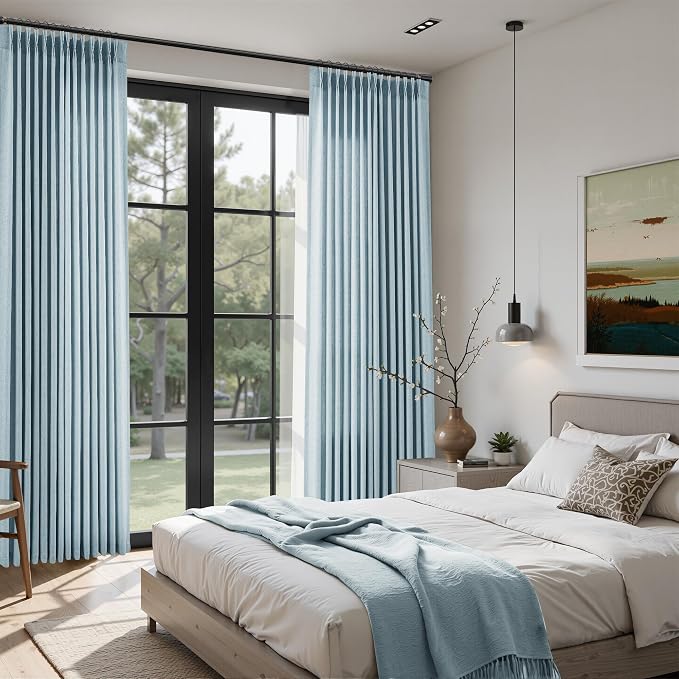 Light Blue Pinch Pleated Linen Curtains 84 Inches Long 2 Panels Set for Living Room Bedroom Modern Farmhouse Boho Semi Sheer Light Filtering Back Tab Draps with Hooks Rings 84 Inch Length for Nursery