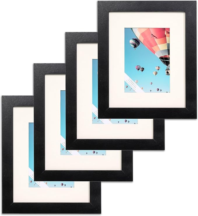 The Display Guys - Black Wooden Minimalist Picture Frames Set - Tempered Glass - 8x10 matted to 5x7 - Tabletop Easel - 4-Pack