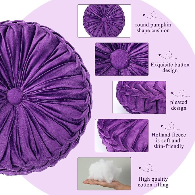 Drydiet 1 Pcs Round Throw Velvet Pillows Decorative Pleated Throw Pillows Diameter Accent Pumpkin Boho Chair Cushion for Couch Sofa Home Decoration (Purple,15'')