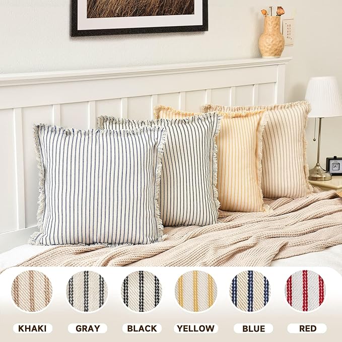ZWJD Throw Pillow Covers 20x20 Set of 2 Striped Pillow Covers with Fringe Chic Cotton Decorative Pillows Square Cushion Covers for Sofa Couch Bed Living Room Farmhouse Decor, (Gray)