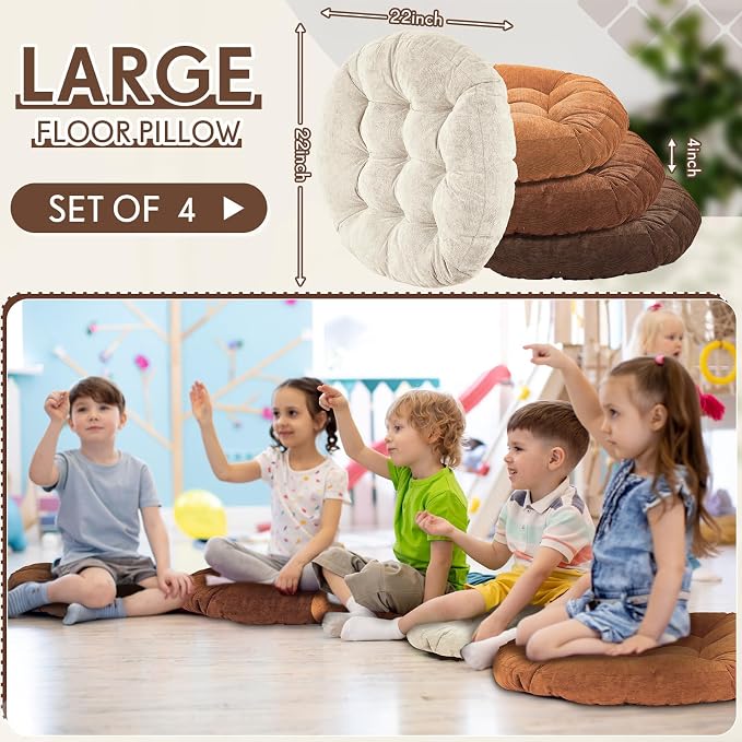 Jerify 4 Pcs Floor Pillow Cushions Large Round Square Large Meditation Floor Pillow for Classroom Adult Meditation Picnic Party Seating Learning Daycare School (Round,Brown)