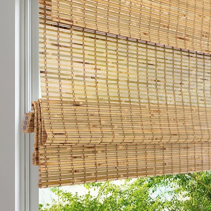 Cordless Wood Window Blinds, Bamboo Sheer Light Filtering Woven Roman Shades, Tiger Wood, 34" W X 48" H