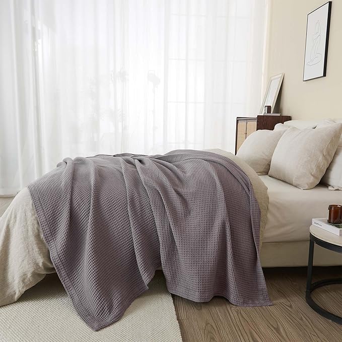 100% Cotton Dark Grey Blanket Full/Queen Size for Bed - Breathable and Soft, Waffle Weave for Summer Spring, 90x90 Inches