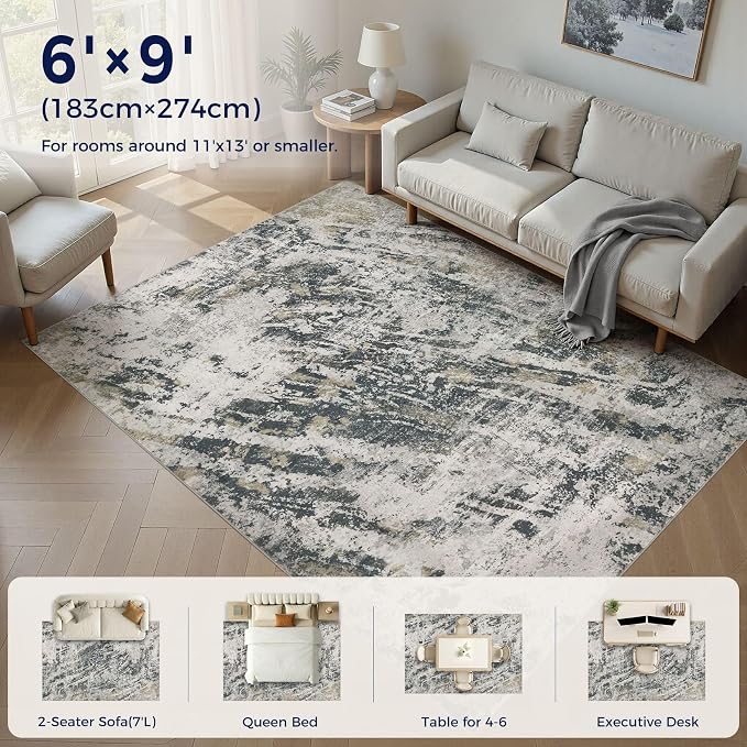 DMOYEST Area Rug Living Room Rugs - 6x9 Large Soft Indoor Neutral Modern Abstract Low Pile Washable Rug Carpet for Bedroom Dining Room Farmhouse Home Office-Black Gold/Grey
