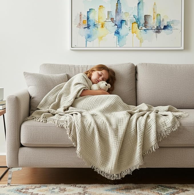 KyraHome 100% Organic Cotton Throw Muslin Blankets, 90"x90", Pre-Washed Plant Dyed, Breathable Lightweight Soft Gauze Summer Blankets for Adults, Bed, All Season, Oatmeal Khaki