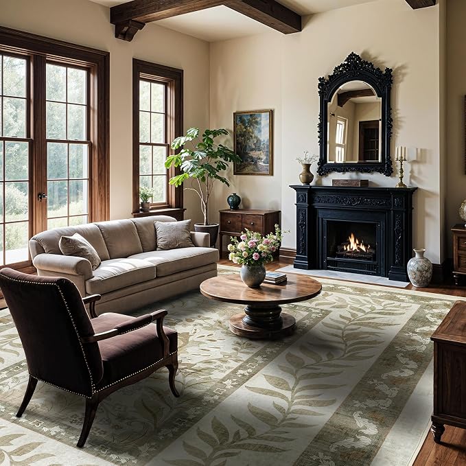 LIANLAM Washable Rug 9x12 Area Rugs for Living Room - Stain Resistant Non-Slip Backing Floral Design Rug for Bedroom,Durable & Ultra-Thin Vintage Large Area Rug(9x12,Beige)