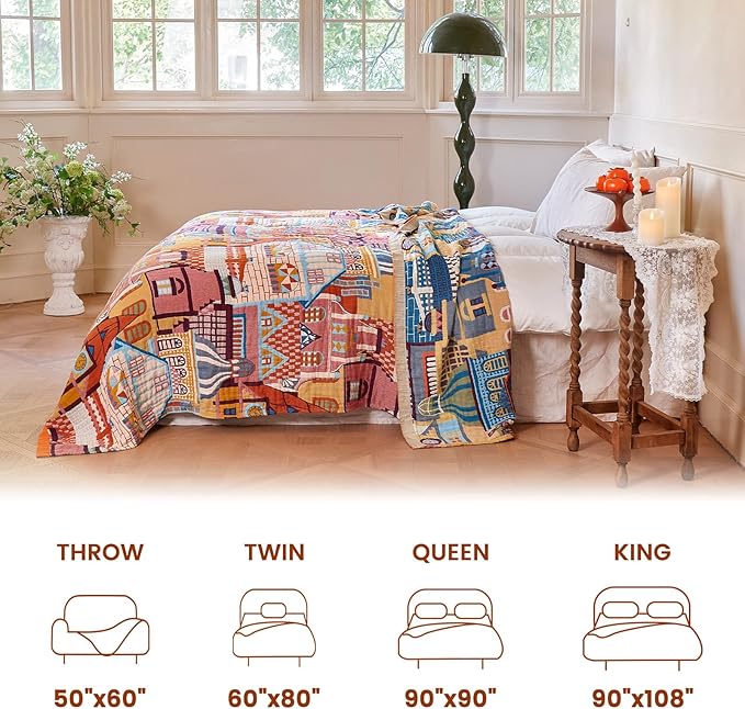 MSGKV Whimsical Roman Castle 100% Cotton Woven Throw Blanket, 60"x80" Twin Bed Blanket 100% Cotton Colorful & Lightweight&Summer Breathable Art Cartoon Throw for Couch, Unique Decor for Bedroom