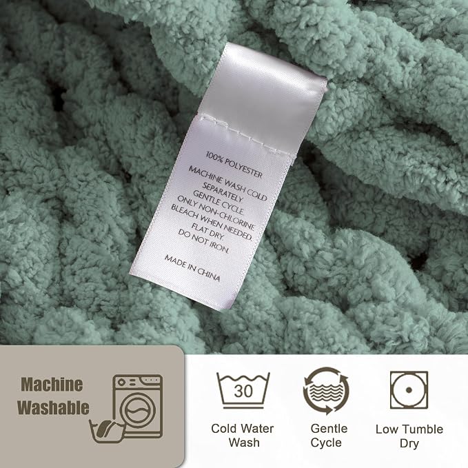 Chunky Knit Throw Blanket 50x60, 100% Handmade Chenille Yarn | 4.4lbs Soft Thick Cable Knitted Blankets, Large Rope Knot Crochet Throws for Couch Sofa Bed Machine Washable, Sage Green