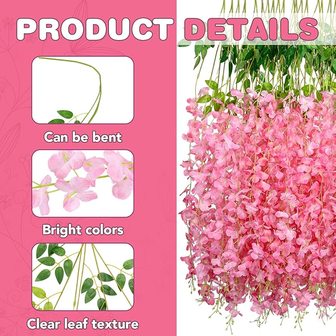 Alotiki 150 Pack Wisteria Hanging Flowers,Fake Hanging Flowers,Wisteria Artificiales Garland for Home Wedding Arch Floral Party Garden Ceremony Outdoor Decor,3.6 Feet Long(150,Pink)
