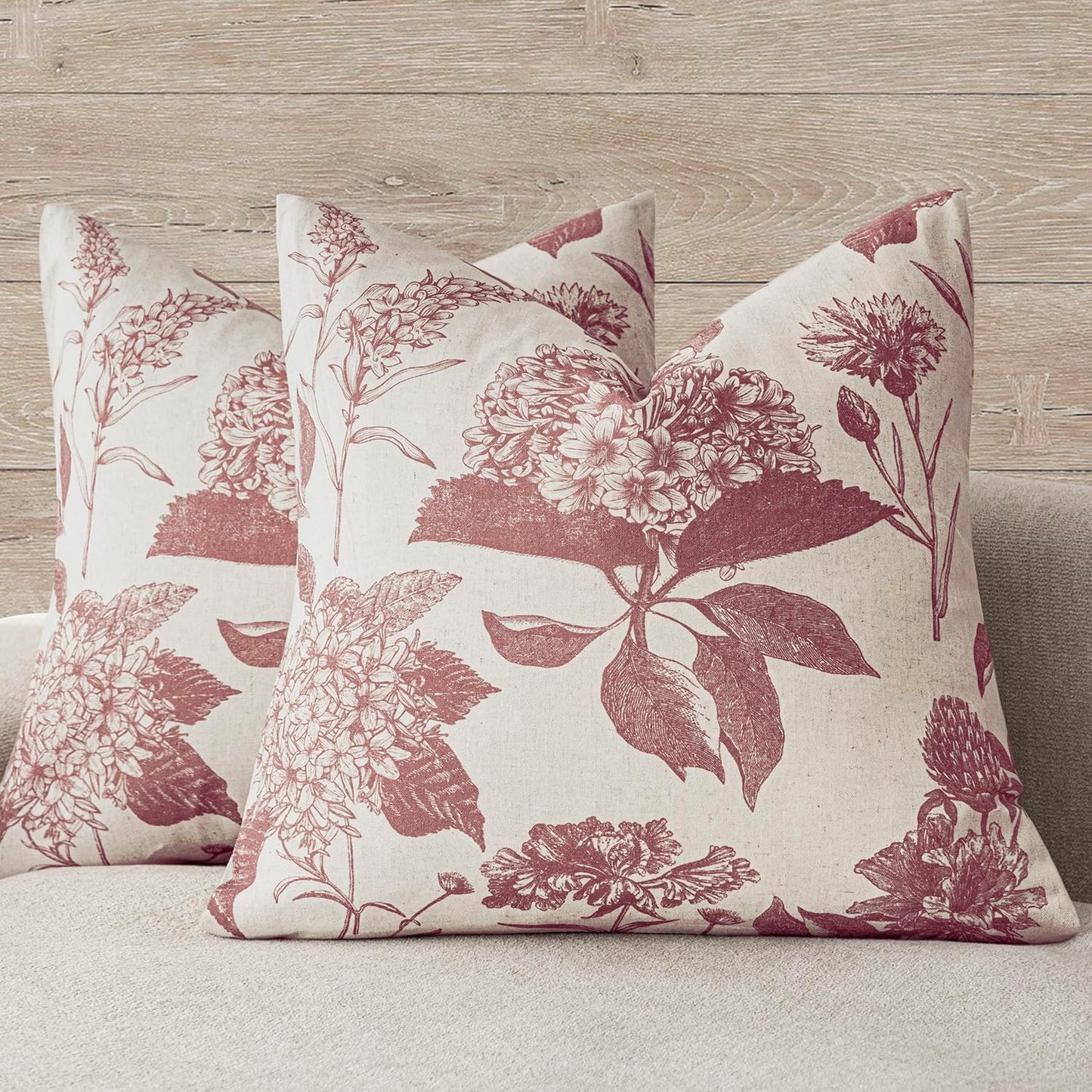 Foindtower Set of 2 Linen Floral Vintage Throw Pillow Covers Neutral Accent Print Decorative Cushion Covers Farmhouse Home Decor for Sofa Chair Couch Bedroom Living Room Outdoor,22×22 Inch,Dark Pink