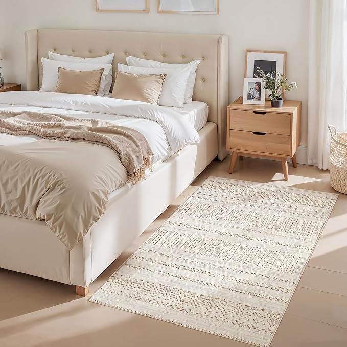 cotiled 3x5 Area Rug Living Room: Washable Boho Rugs with Non Slip Backing Small Soft Indoor Stain Resistant Carpet for Bedroom Farmhouse Dining Room Lightweight Home Decor Brown/Cream