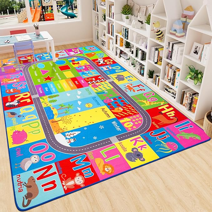 HOMORE Kids Educational Rug, 8x10 Kids Collection Area Rug for Learning Alphabet, Numbers, Colors, Season and Animal Words, Playmat for Classroom Playroom