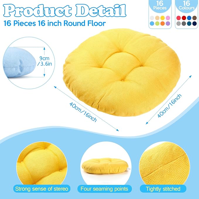 Fumete 16 Pcs 16 Inch Floor Cushions Pillow for Kids Bulk Classroom Round Flexible Seating Floor Cushions for Students Home Daycare School Reading Corner Yoga Meditation Picnic (Rainbow and Earthy)