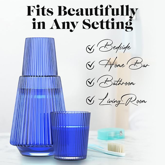 American Atelier 37 oz Vintage Bedside Water Carafe with Tumbler Lid – 9.25" Ribbed Glass Pitcher for Nightstand, Guest Room, Office, Functional & Stylish Drinkware for Daily Use (Blue)