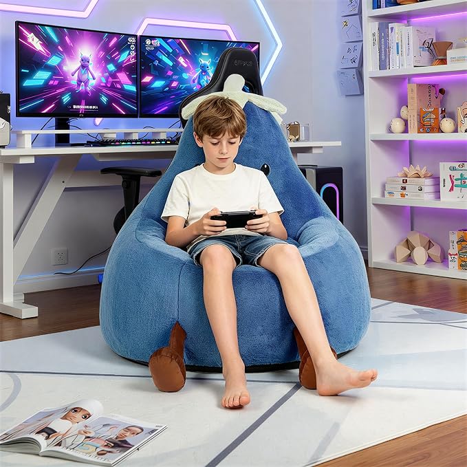 2.5FT Memory Foam Bean Bag Chair - Ultra Soft Faux Rabbit Fur Round Sofa with Handle & Machine Washable Cover, Comfy Lazy Chair for Kids Teens, Perfect for Reading Gaming in Living Room Bedroom，Navy
