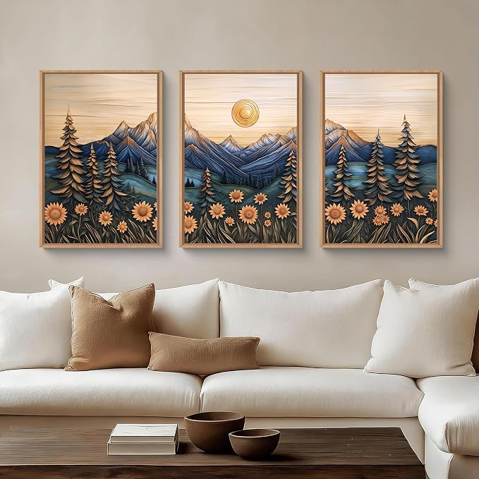 Vintage Woodcut Style Mountain Framed Canvas Wall Art Set, Natural Forest Pine Tree Sunflower Wall Decor,Abstract Sunrise Botanical Landscape Artwork for Living Room,Bedroom,Office-24 x36 x3