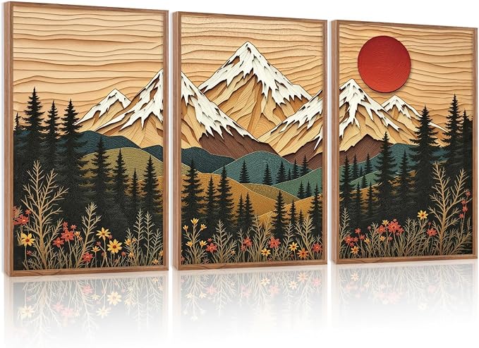 LHIUEM Vintage Woodcut Mountain Framed Canvas Wall Art,Forest Pine Tree Boho Wall Decor,Wilderness Sunset Landscape Artwork for Living Room,Bedroom,Dining Room,Office -24"x36"x3