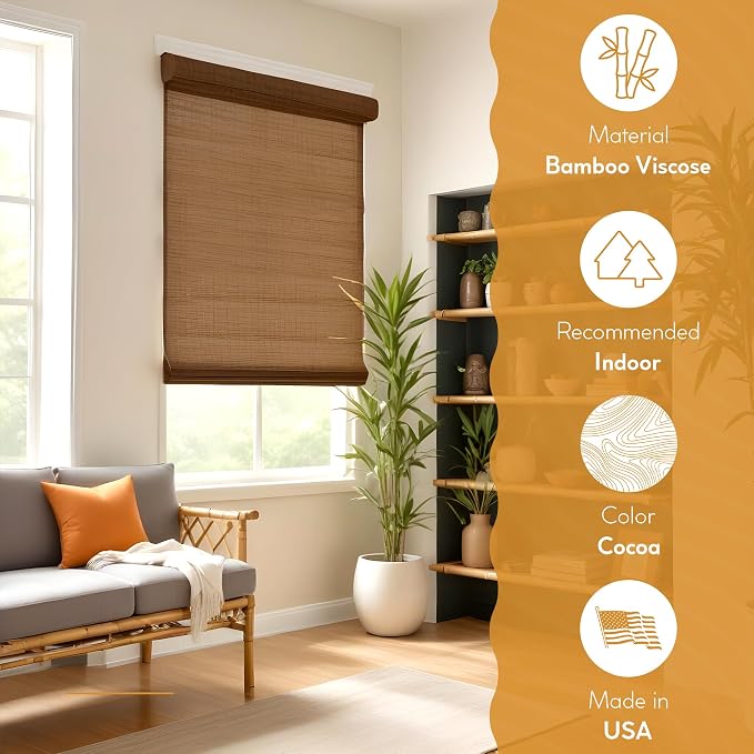 Radiance Cordless Bamboo Roman Shades for Windows - Flatstick Bamboo Blinds for Semi-Private Light Control - Easy to Lift & Fold Up Window Shades - Cocoa - 27 in. W x 64 in. L - (2216302E)