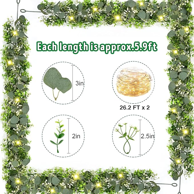 4Pcs Eucalyptus Garland with Lights, Greenery Garland, Green Garland with Flowers, 5.9FT Artificial Faux Eucalyptus Leaves Vines for Table Mantle Home Wedding Party Indoor Outdoor Decor