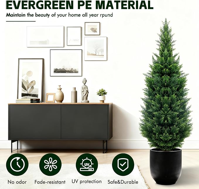 5Ft Artificial Cedar Topiary Trees (2-Pack) - UV Resistant Fake Shrubs with Ground Spike for Outdoor & Indoor Use, Front Porch, Garden Decor