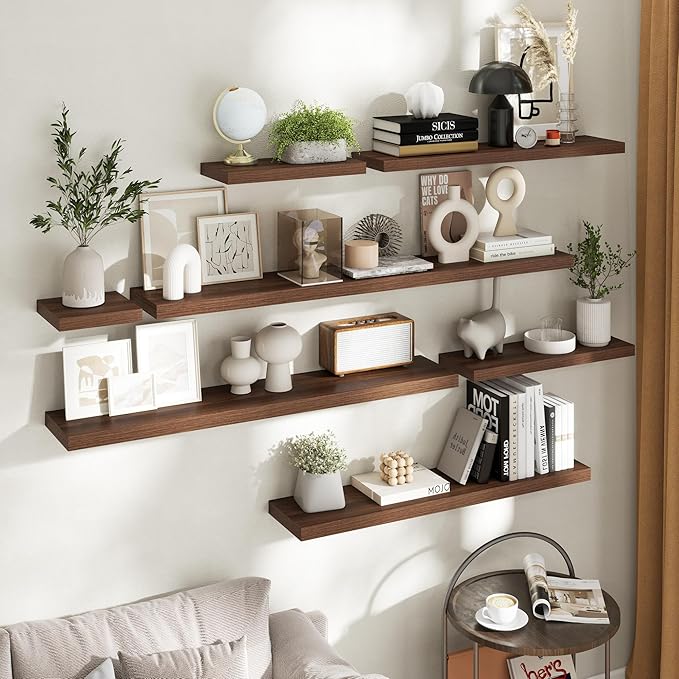 55 Inch Floating Shelves for Wall Set of 2, 8"D Wood Grain Bathroom Shelves with Invisible Brackets, Easy Install Engineered Wood Storage Shelves for Kitchen, Living Room, Bedroom, Walnut Finish