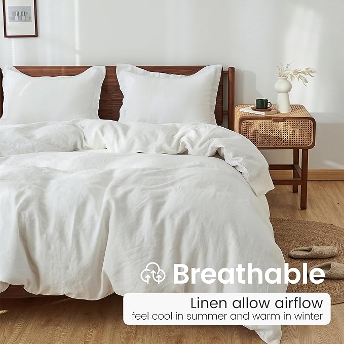 100% French Linen Pillow Shams Basic Style - Pack of 2 - Washed Solid Color Natural Flax Soft Breathable - White, 20'' x 26''