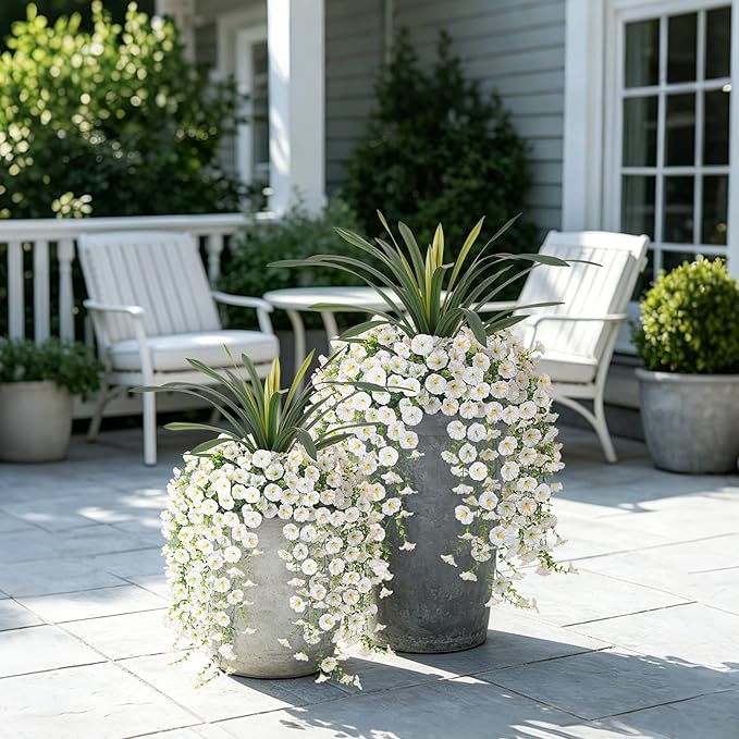 8 Bundles Fake Artificial Morning Glory Flowers for Outdoors+Ochid Faux Greenery Plants UV Resistant Weatherproof for Indoor Outdoor Garden Patio Window Box Home Decor