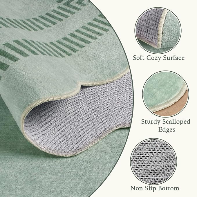 Washable 8x10 Rugs for Living Room Bedroom, Non-Slip Sage Green Indoor Carpet for Dining Room Office, Ultra Thin Scalloped Soft Carpets for Kids Nursery Playroom